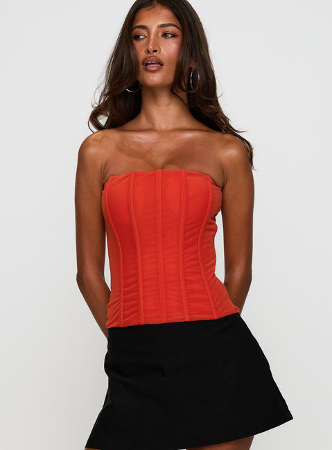 front view of model wearing Princess Polly Moneypenny Strapless Top Orange Sleeveless straight 