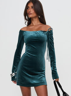 front view of model wearing Princess Polly Intertwine Long Sleeve Mini Dress Forest Green Straight Neck 