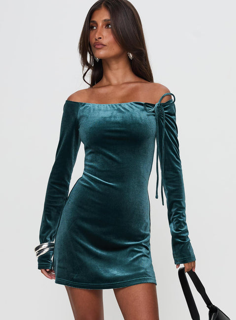front view of model wearing Princess Polly Intertwine Long Sleeve Mini Dress Forest Green Straight Neck 