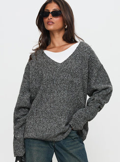 front view of model wearing Princess Polly Beyond My Gaze V Neck Knit Sweater Grey Long 