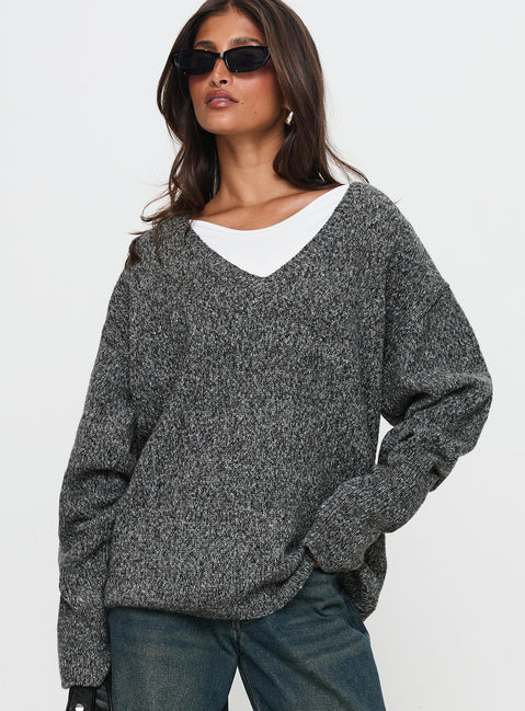 front view of model wearing Princess Polly Beyond My Gaze V Neck Knit Sweater Grey Long 