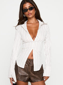 front view of model wearing Princess Polly Madlin Long Sleeve Top Beige Stripe Full Sleeves V-Neck 