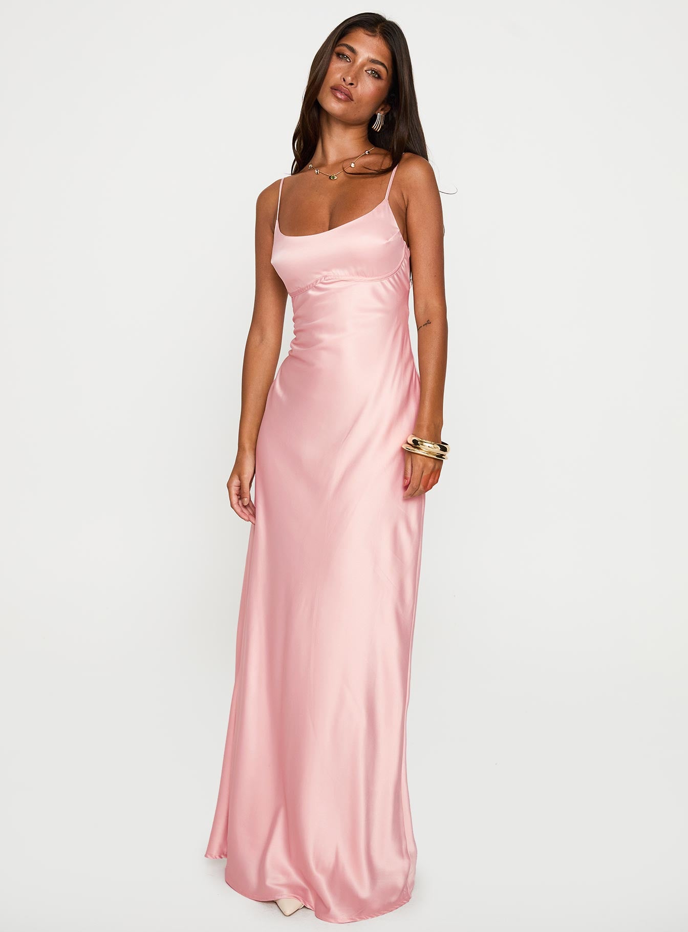 front view of model wearing Princess Polly Ravia Maxi Dress Pink Scoop Neck 