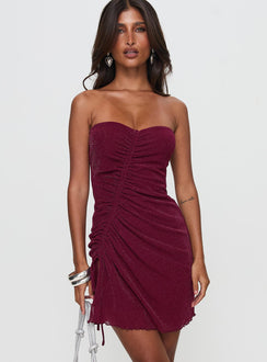 front view of model wearing Princess Polly Me Again Strapless Mini Dress Burgundy Sweetheart Neckline 