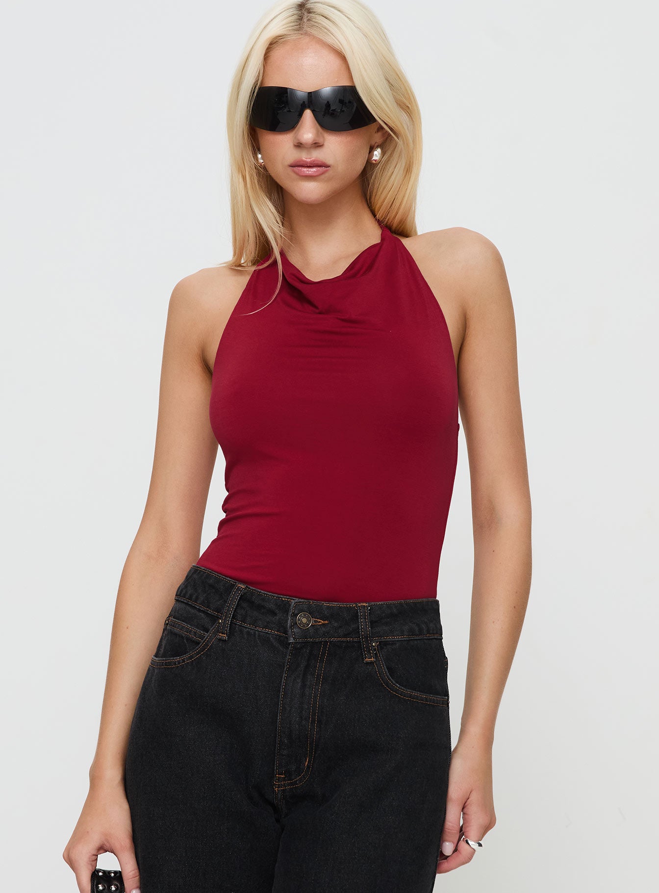 front view of model wearing Princess Polly Imposter Bodysuit Cherry Red Sleeveless Cowl 