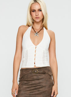 front view of model wearing Princess Polly Vayda Halter Top White Sleeveless Plunger 