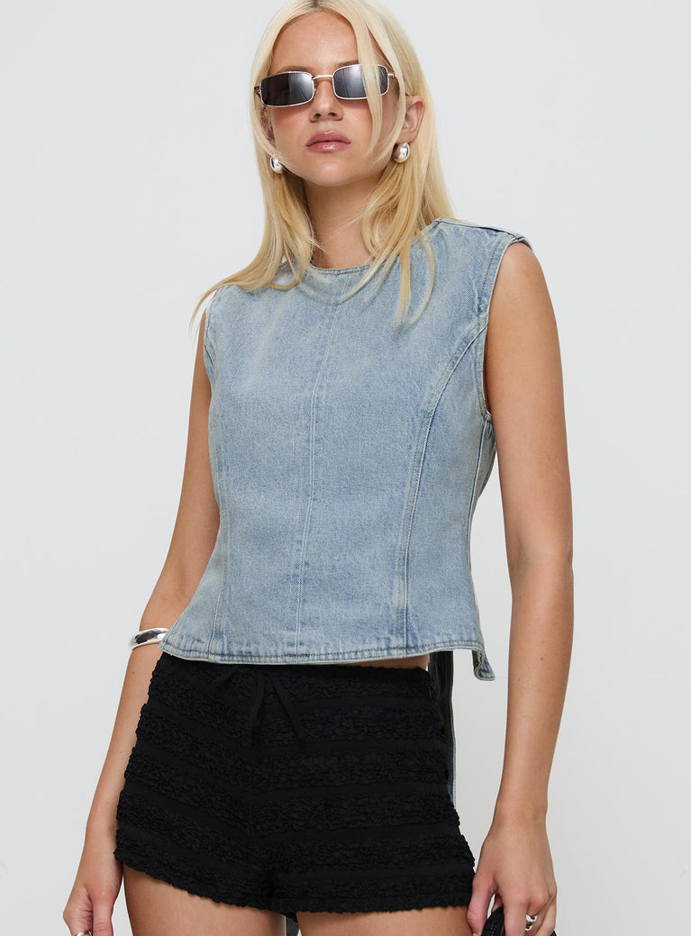 side view of model wearing Princess Polly Countryside Top Classic Denim Sleeveless Crew Neck 