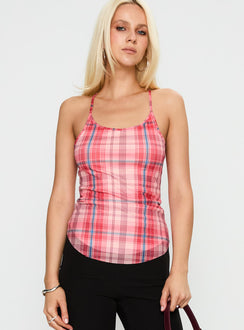 front view of model wearing Princess Polly Keep Talking Top Red Check Sleeveless Scoop Neck 