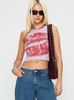 side view of model wearing Princess Polly Kiss Of Love Graphic Top Purple Sleeveless Crew Neck 