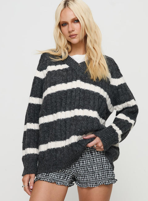 front view of model wearing Princess Polly Percivill Knit Sweater Grey / Cream Long 