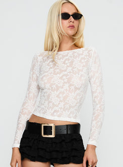 front view of model wearing Princess Polly Martine Sheer Top White Full Sleeves Crew Neck 