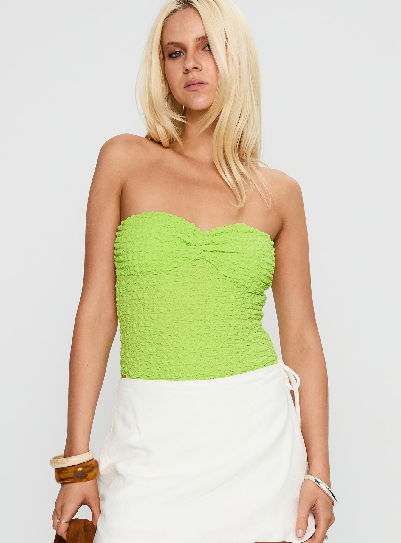 front view of model wearing Princess Polly Private Party Strapless Bodysuit Green Sleeveless 