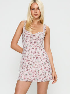 front view of model wearing Princess Polly Sweetpea Mini Dress Multi Floral Sweetheart Neckline 