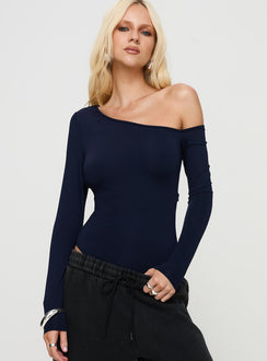 front view of model wearing Princess Polly Caylum One Shoulder Bodysuit Navy Long Sleeve Tops 