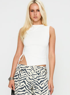 front view of model wearing Princess Polly Solarah Tie Side Top White Sleeveless High Neck 