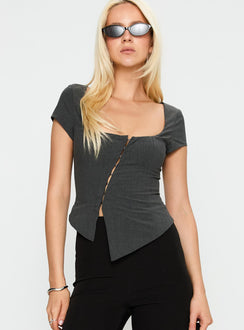 front view of model wearing Princess Polly Memory Bliss Asymmetrical Top Grey Short Sleeves Square Neck 