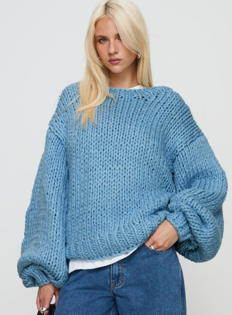 front view of model wearing Princess Polly Arrowtown Hand Knit Sweater Blue Long 