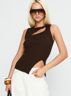 front view of model wearing Princess Polly Cash Out Twist Detail Top Chocolate Sleeveless High Neck 