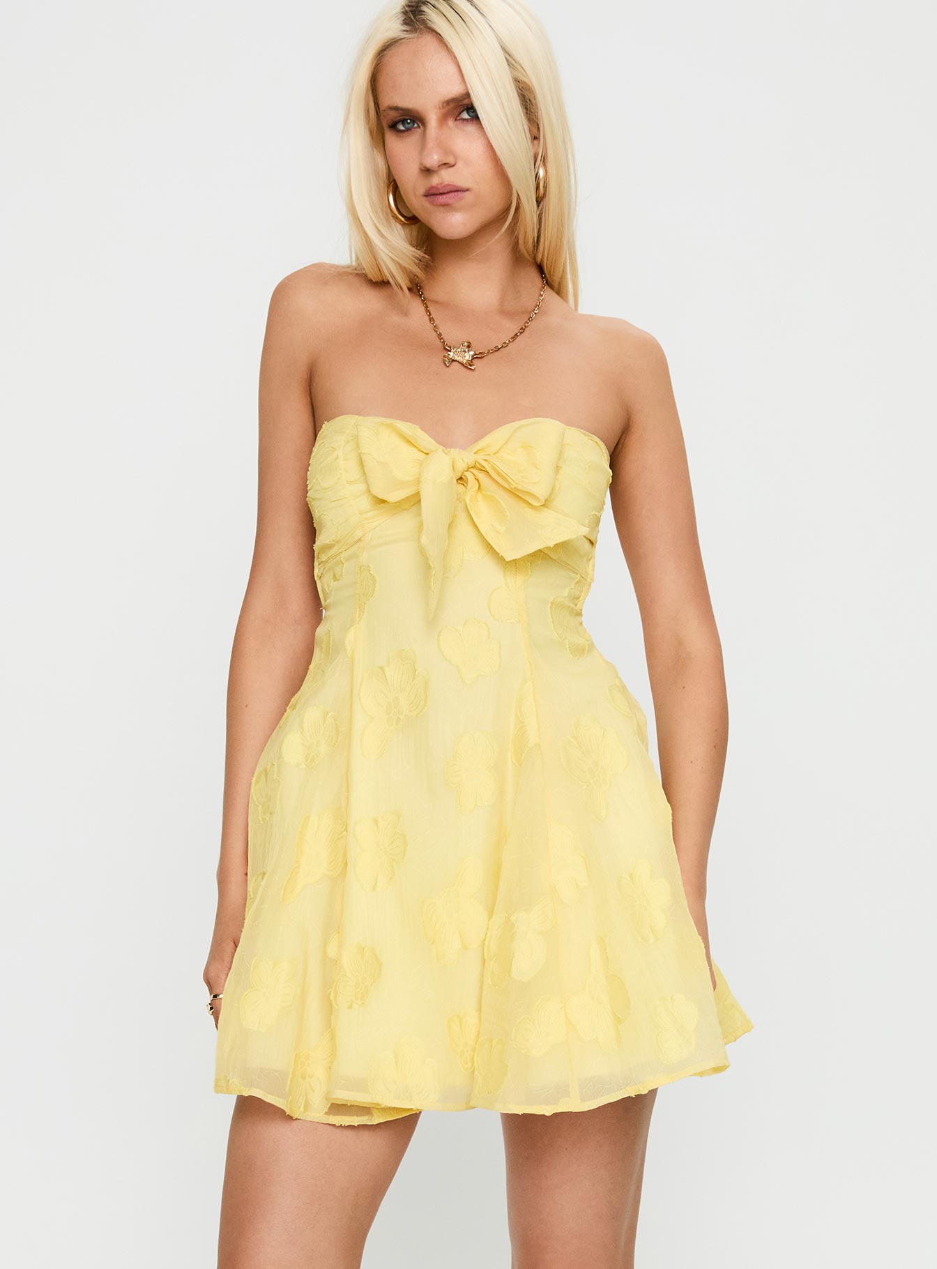 front view of model wearing Princess Polly Loulani Strapless Mini Dress Lemon Sweetheart Neckline 