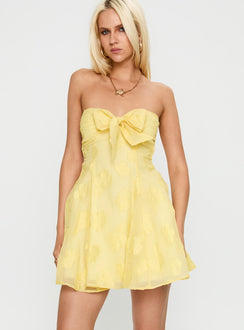 front view of model wearing Princess Polly Loulani Strapless Mini Dress Lemon Sweetheart Neckline 