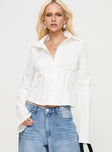 front view of model wearing Princess Polly Merritt Top White Full Sleeves High Neck 