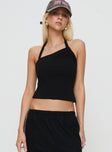 front view of model wearing Princess Polly Glint Asymmetrical Top Black Sleeveless Asymmetric Neckline 