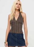 front view of model wearing Princess Polly Delfine Top Brown Stripe Sleeveless V-Neck 