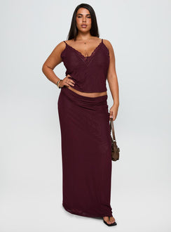 Reiko Lace Trim Tie Front Maxi Set Burgundy Curve