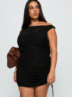 side view of model wearing Princess Polly Bella Luna Ruched Mini Dress Black Curve Asymmetric Neckline 