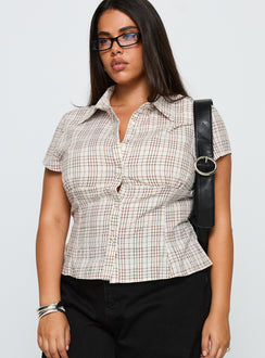 front view of model wearing Princess Polly Cottesloe Blouse Top Brown Check Curve Short Sleeves V-Neck 