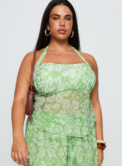 front view of model wearing Princess Polly Finesse Halter Top Green Floral Curve Sleeveless Square Neck 