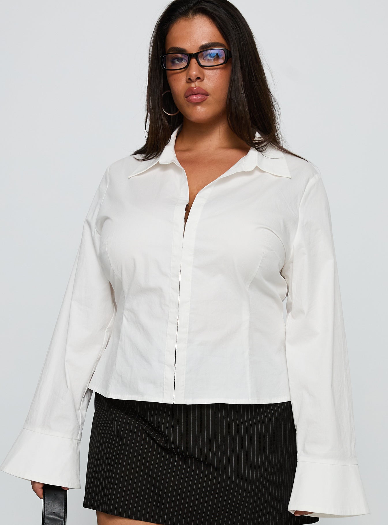 front view of model wearing Princess Polly By The Phone Long Sleeve Collared Top White Curve Full Sleeves V-Neck 