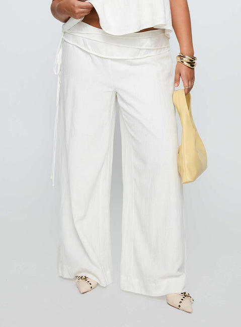 back view of model wearing Princess Polly Silver Moon Linen Blend Tie Pants White Curve High Waisted Pants 