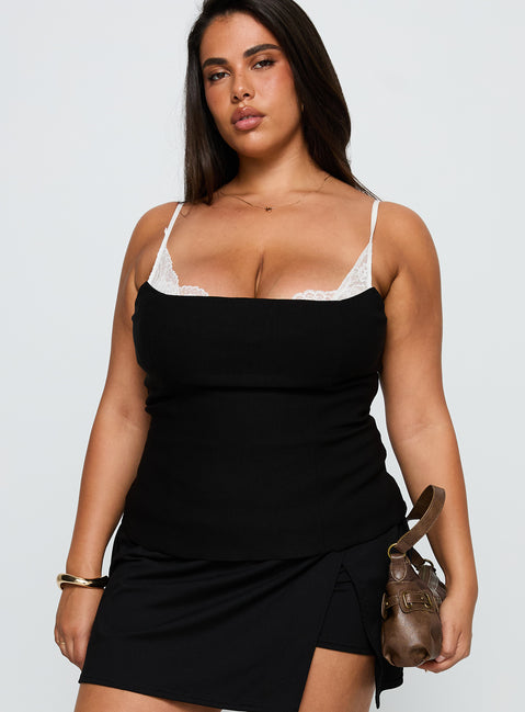 front view of model wearing Princess Polly Renaissance Corset Lace Top Black / White Curve Sleeveless Square Neck 