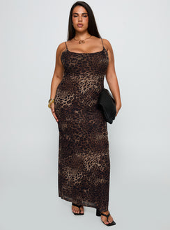 front view of model wearing Princess Polly Knox Maxi Dress Leopard Curve Scoop Neck 