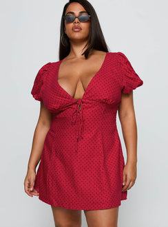 front view of model wearing Princess Polly Beloved Puff Sleeve Linen Blend Mini Dress Red Polka Curve Plunger 