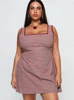 front view of model wearing Princess Polly Dasha Mini Dress Red Check Curve Square Neck 