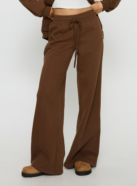 side view of model wearing Princess Polly Princess Polly Stargirl Wide Leg Sweat Pants Brown High Rise Pants 