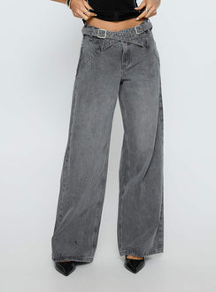 side view of model wearing Princess Polly Mckinley Mid Rise Wide Leg Jeans Washed Grey Mid Rise Jeans 