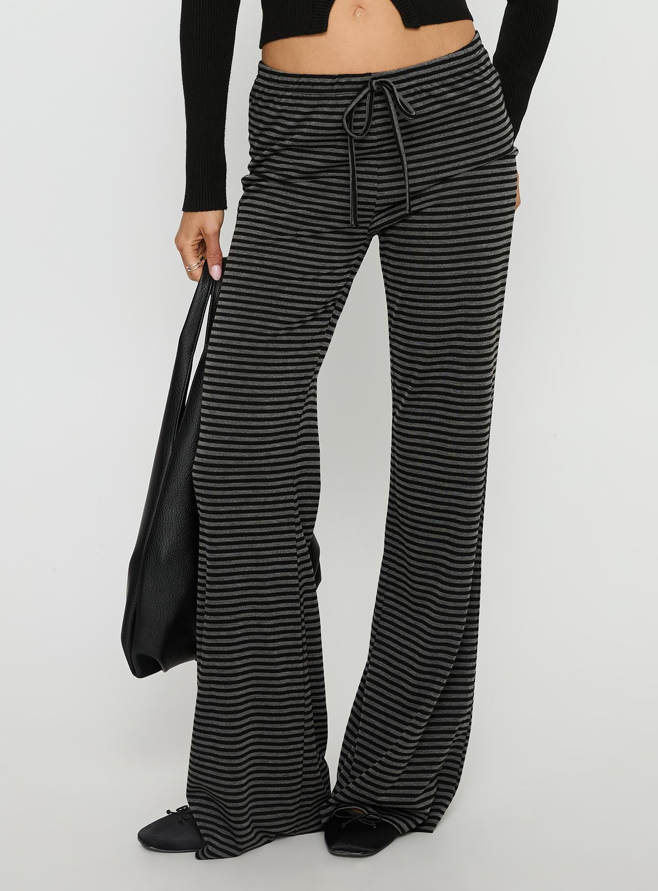 back view of model wearing Princess Polly Alfreda Jersey Pants Grey / Black Stripe Mid Rise Pants 