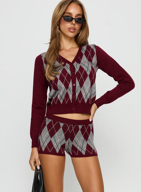 Raiven Knit Shorts Burgundy Argyle