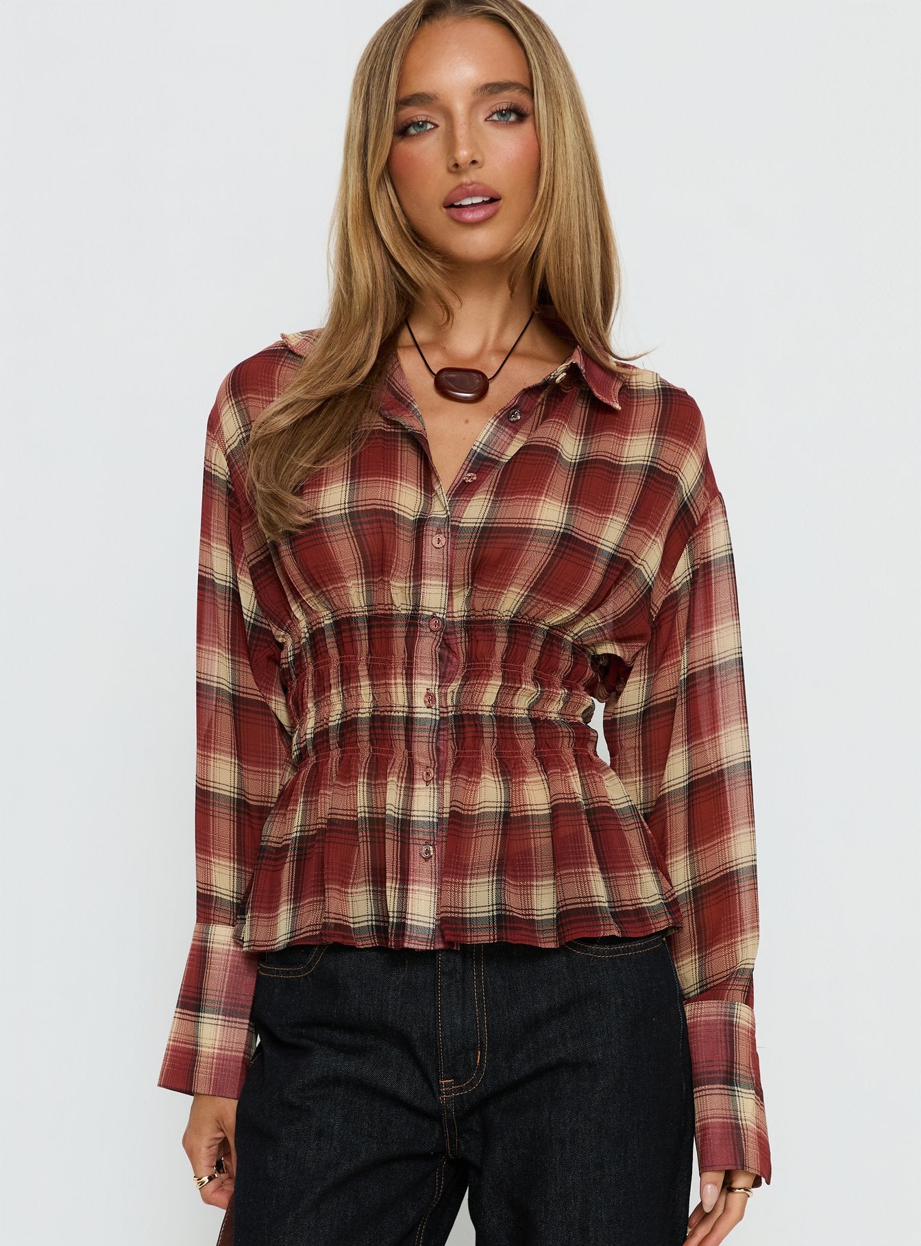 As You Are Shirred Button Up Top Red Check