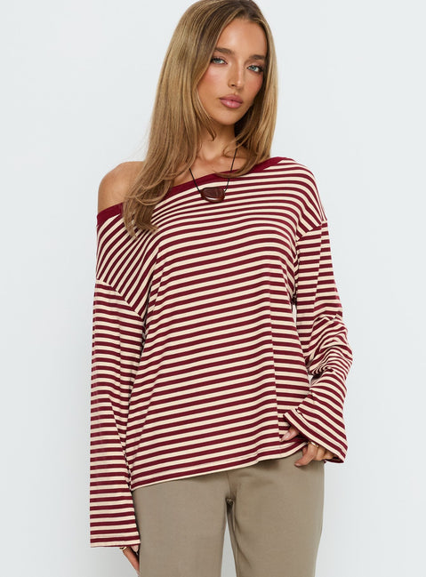 back view of model wearing Princess Polly Ralyssa Off Shoulder Long Sleeve Top Red Stripe Longline Jumpers 