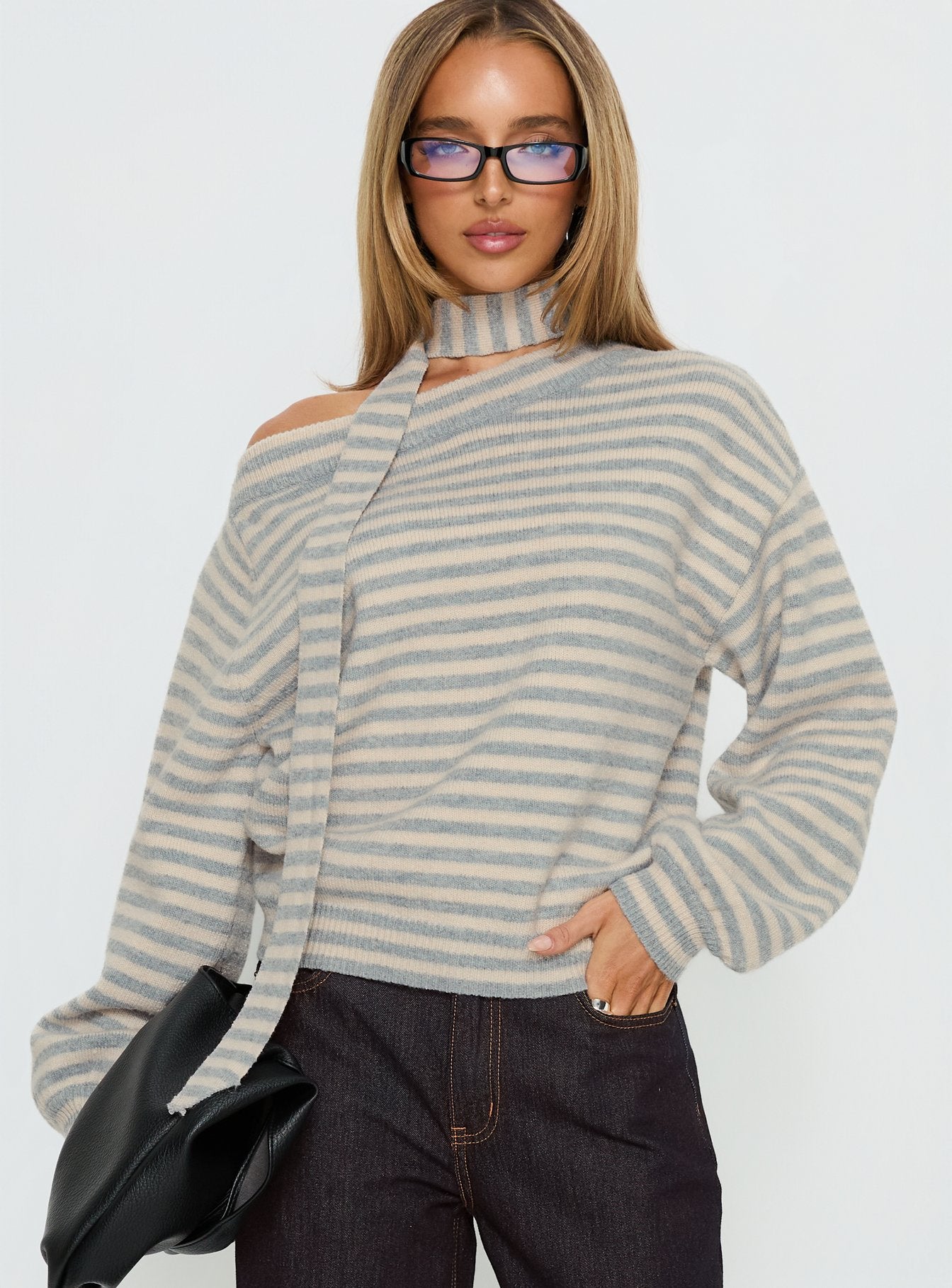 front view of model wearing Princess Polly Ruthi Scarf Off Shoulder Knit Sweater Neutral Stripe 
