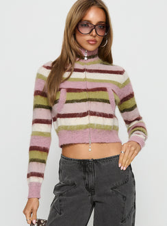 front view of model wearing Princess Polly Keeva Zip Through Knit Jumper Pink / Green Stripe cropped 