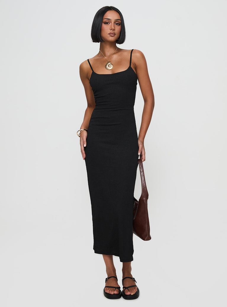 front view of model wearing Princess Polly Elestria Maxi Dress Black Scoop Neck 