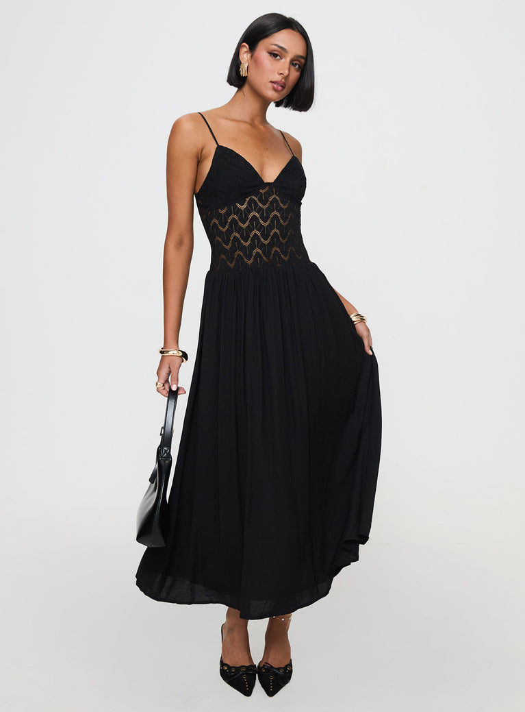 front view of model wearing Princess Polly Speak Now Maxi Dress Black Plunger 