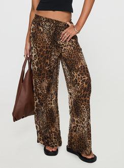 back view of model wearing Princess Polly Fyre Wide Leg Pant Leopard Petite Low Rise Pants 