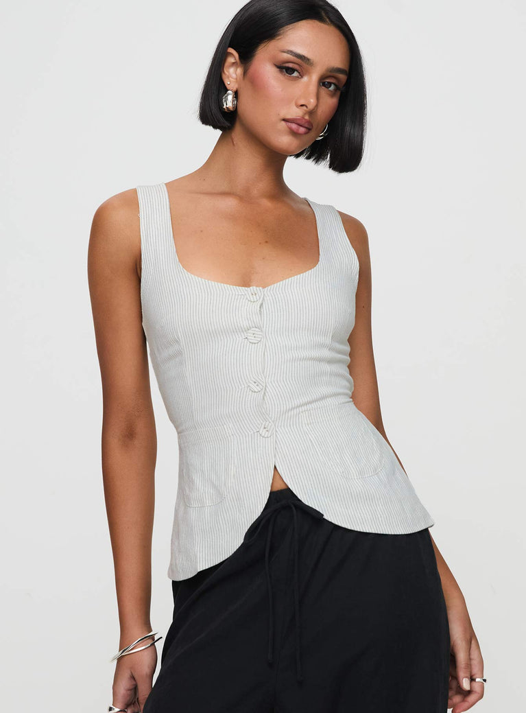 front view of model wearing Princess Polly Spirito Vest Top White Thin Stripe Sleeveless Square Neck 