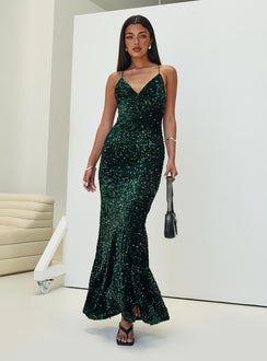 back view of model wearing Princess Polly Charlette Sparkle Maxi Dress Dark Green V-Neck 
